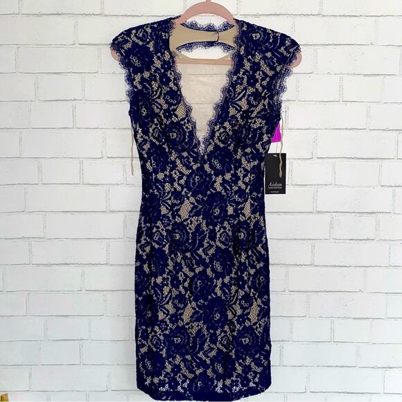 NEW Aidan Mattox Blue Lace Deep V Bodycon Cocktail Evening Party Dress sz 2 NWT - Picture 2 of 14